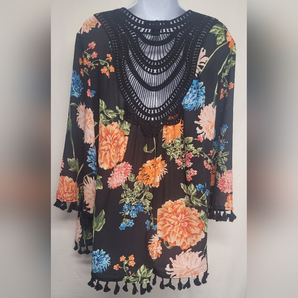 August Silk L Open Front Cardigan Floral Lightweight Fringe Excellent Condition - Picture 3 of 5